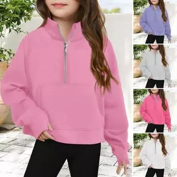 Детская толстовка с застежкой-молнией на половину длины, воротником-стойкой, однотонная, с длинными рукавами и большим передним карманом 110cm белый