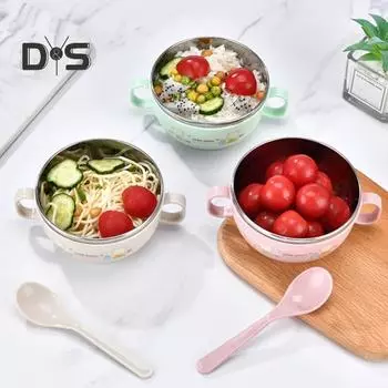 Детская тренировочная миска, устойчивая к падениям, устойчивая к высоким температурам, с крышкой, легко моется, с двумя ручками, пылезащитная, из нержавеющей стали, детская миска с рисунком синий