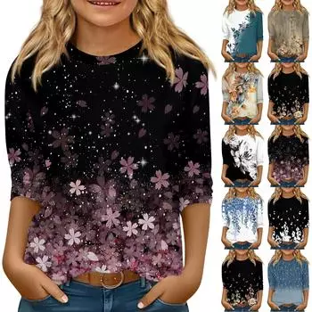 Детская трикотажная повседневная футболка с рукавом 3/4, блузка с круглым вырезом и принтом 150