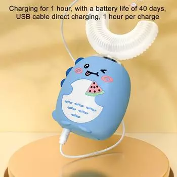 Детская U-образная электрическая зубная щетка IPX7 Водонепроницаемая 2 режима Регулируемая 360 градусов Очистка Мультфильм синий