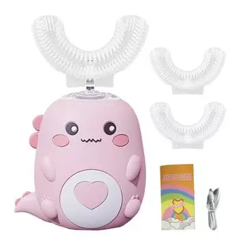 Детская U-образная ультразвуковая электрическая зубная щетка с 2 силиконовыми насадками, водонепроницаемая IPX7, автоматическая, мультяшный динозавр, для малышей, перезаряжаемая зубная щетка S