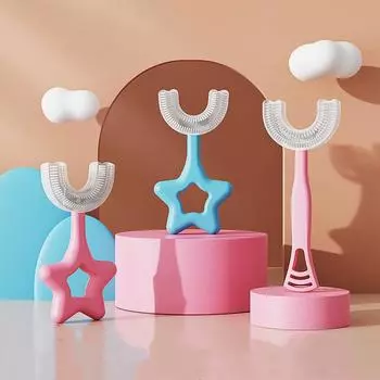 Детская U-образная зубная щетка для тщательного очищения на 360°, мягкая щетка для чистки зубов ребенка, уход за полостью рта ребенка long handle синий