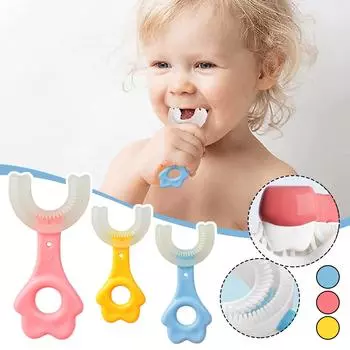 Детская U-образная зубная щетка на 6-12 лет, насадка из мягкого силикона пищевого качества, конструкция для чистки зубов на 360 ° для малышей и детей розовый