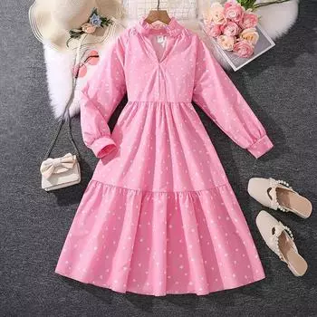 Детская юбка для девочек 6-12 лет, осеннее детское новое платье принцессы с длинными рукавами и принтом для девочек 130cm/8Y розовый