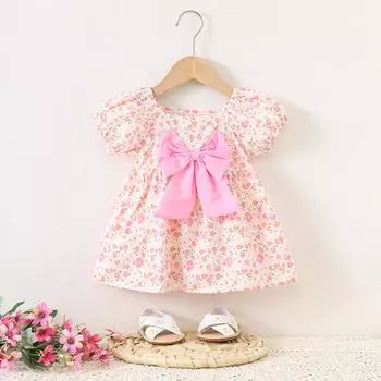 Детская юбка, летнее новое платье для девочки с короткими рукавами и цветочным принтом, юбка принцессы 73cm розовый