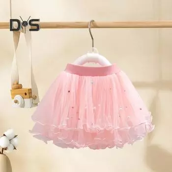 Детская юбка с эластичной талией и средней посадкой, однотонная юбка-пачка с бисером, милый стиль, многослойная сетчатая юбка-фонарик из пряжи 80 cm жёлтый