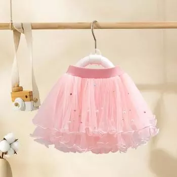 Детская юбка с эластичной талией и средней посадкой, однотонная юбка-пачка с бисером, милый стиль, многослойная сетчатая юбка-фонарик из пряжи 80 cm розовый