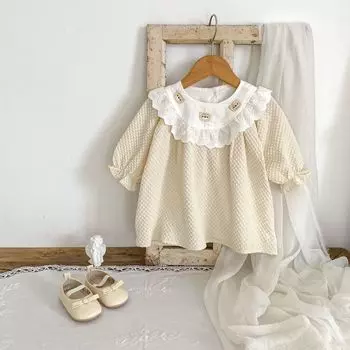 Детская юбка с длинным рукавом для девочек, милые вышитые платья с медведем, однотонная детская одежда bafanou 68061 73cm(6-12M) бежевый