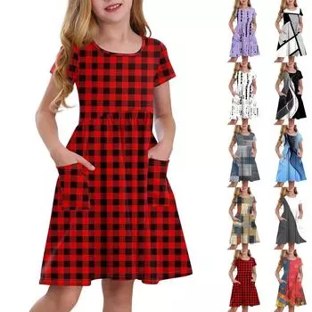 Детская юбка с круглым вырезом и коротким рукавом, платье принцессы, модное повседневное платье с карманами для девочек 100 чёрный