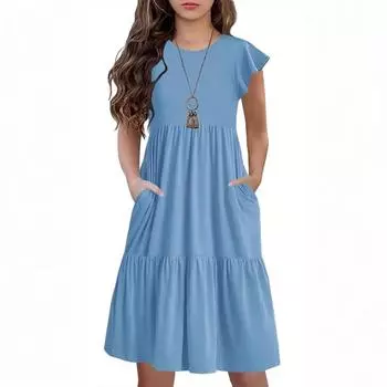 Детская юбка с круглым вырезом, плиссированная, с коротким рукавом, юбка принцессы, модное повседневное платье с карманами для девочек 100 синий