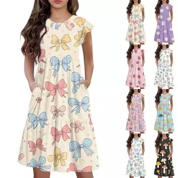 Детская юбка с круглым вырезом, плиссированная, с коротким рукавом, юбка принцессы, модное повседневное платье с карманами для девочек 100 бежевый