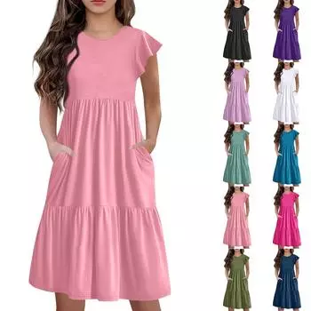 Детская юбка с круглым вырезом, плиссированная, с коротким рукавом, юбка принцессы, модное повседневное платье с карманами для девочек 100 армия зеленый