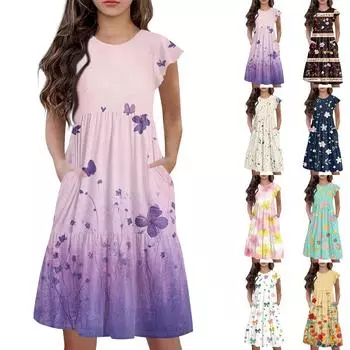 Детская юбка с круглым вырезом, плиссированная, с коротким рукавом, юбка принцессы, модное повседневное платье с карманами для девочек 100 бежевый