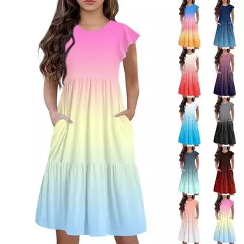 Детская юбка с круглым вырезом, плиссированная, с коротким рукавом, юбка принцессы, модное повседневное платье с карманами для девочек 100 синий