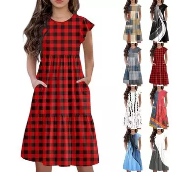 Детская юбка с круглым вырезом, плиссированная, с коротким рукавом, юбка принцессы, модное повседневное платье с карманами для девочек 100 чёрный