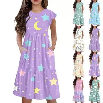 Детская юбка с круглым вырезом, плиссированная, с коротким рукавом, юбка принцессы, модное повседневное платье с карманами для девочек 100 бежевый