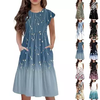 Детская юбка с круглым вырезом, плиссированная, с коротким рукавом, юбка принцессы, модное повседневное платье с карманами для девочек 100 армия зеленый