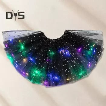 Детская юбка со светодиодной подсветкой, светящийся эластичный пояс, сетчатая юбка-пачка со звездами и блестками, трапециевидной формы для Хэллоуина, школы, дня рождения, выступления, юбка-пачка красный