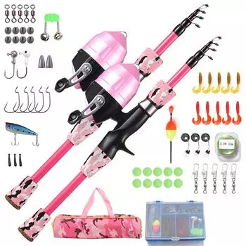 Детская удочка и катушка, полный комплект, 1,5-метровое телескопическое удилище для дальнего заброса с катушкой Spincast 1.2M розовый