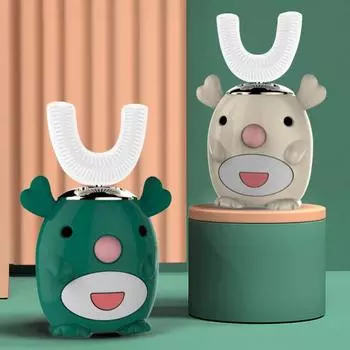 Детская ультразвуковая зубная щетка с U-образной головкой и мультяшным дизайном, мини-умная 360-градусная силиконовая электрическая зубная щетка для ребенка 6-14Years