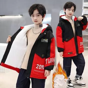 Детская уличная теплая куртка с монограммой, зимняя куртка Plus Velvet Thick Parker Coat 170 красный
