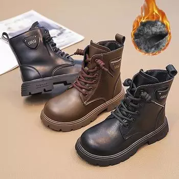 Детская универсальная модная тенденция с плюшевыми теплыми высокими хлопковыми ботинками, повседневными модными ботинками, ботинками средней высоты 27 чёрный