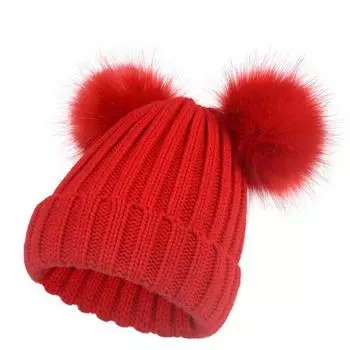 Детская / Взрослая 2-слойная осенне-зимняя новая женская шапка с двумя шариками, вязаная шапка из искусственного меха лисы, сохраняет тепло, вязаная шапка S kids