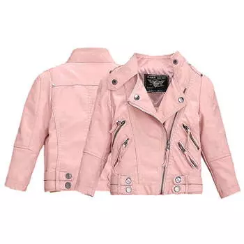 Детская верхняя одежда, новинка 2024 года, куртка из искусственной кожи для девочек, осенне-весенняя модная кожаная куртка для мальчиков-подростков, пальто с воротником 100(3-4) розовый
