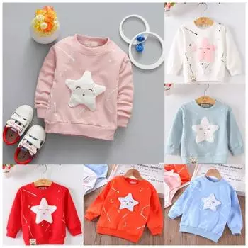 Детская весенне-летняя одежда со звездой и кроликом, детские футболки с длинными рукавами, детские хлопковые топы для мальчиков и девочек, футболка с мультяшным рисунком 90cm