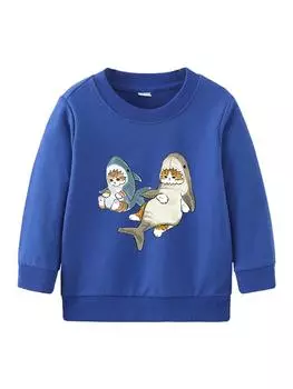 Детская весенне-осенняя рубашка с длинными рукавами, детский повседневный пуловер, толстовка с капюшоном, толстовка с принтом рыбы и кота для мальчиков и девочек, хлопковый топ с круглым вырезом 90cm жёлтый