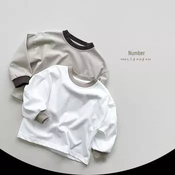 Детская весенняя хлопковая футболка с длинными рукавами унисекс, корейский стиль, для маленьких и средних детей 100cm бежевый