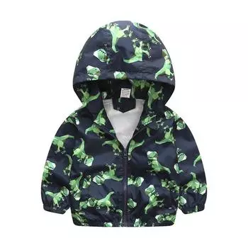 Детская весенняя куртка с рисунком динозавра для мальчиков, куртка на молнии с капюшоном 130 зелёный