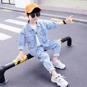 Детская весенняя модная джинсовая куртка + джинсовый костюм для мальчиков из двух частей в корейском стиле 160 синий