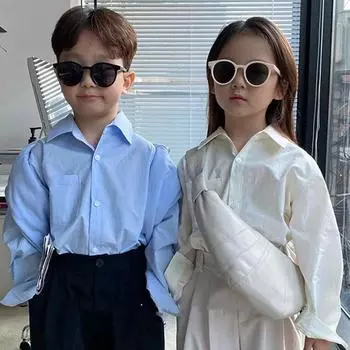 Детская весенняя однотонная рубашка с длинными рукавами и лацканами для детей среднего и большого размера, повседневная рубашка с пуговицами и лацканами 170 белый