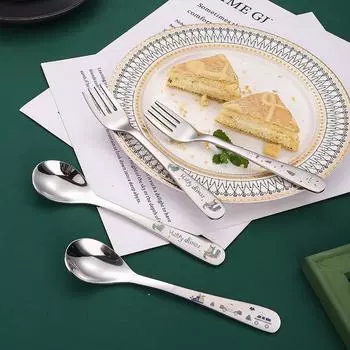 Детская вилка из нержавеющей стали, ложка, детская ложка, одна креативная мультяшная дополнительная еда, обучающая еда, ложка, набор вилок Rabbit серебряный