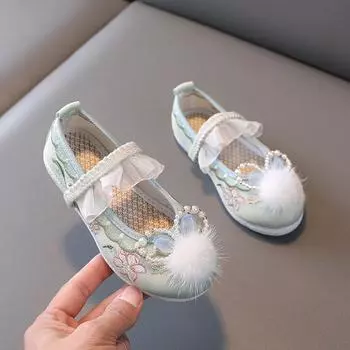 Детская винтажная обувь ханьфу в традиционном китайском стиле для девочек с вышитыми цветами, студенческие туфли-лодочки для принцессы с лоферами 24 бежевый