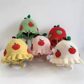 Детская вязаная шапка, детская шляпа с милыми фруктовыми узорами и полями с рюшами, повседневные шапки для маленьких мальчиков и девочек