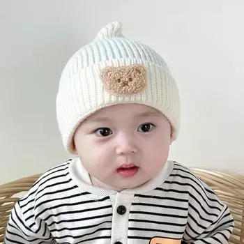 Детская вязаная шапка однотонная мультяшная шапочка для новорожденных зимняя теплая детская шерстяная шапочка для защиты ушей для мальчиков и девочек милый медведь 36-48cm 0-18M