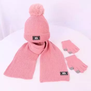 Детская вязаная шапка зимняя новая простая шапка с логотипом M шарф перчатки комплект из 3 предметов утолщенная теплая вязаная шапка красный