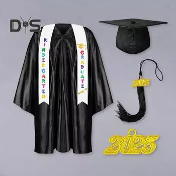 Детская выпускная форма для детского сада с кисточкой, шапочкой и шалью, V-образным вырезом, длиной до колена, длинными рукавами, застежкой-молнией, детский халат для выпускного класса начальной школы 24 белый