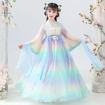 Детская женская куртка Ханбок с длинными рукавами, древний китайский ветер, супер фея, платья с цветком вишни, детские весенние и осенние новинки для маленьких девочек 110 синий