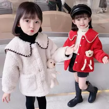 Детская зимняя куртка, детское флисовое пальто с плюшевым украшением в виде медведя, детская верхняя одежда 100
