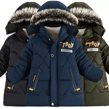 Детская зимняя куртка для мальчика, пальто с капюшоном, модная детская теплая одежда, куртка, пальто для малышей, зимняя куртка для мальчиков, куртка с меховым воротником 120 чёрный