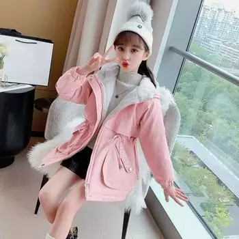 Детская зимняя куртка из хлопка с пухом и бархатом Одежда для девочек Детская одежда Толстая парка Пальто с капюшоном Зимний комбинезон Верхняя одежда Ветровка 170 розовый