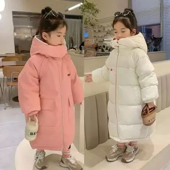 Детская зимняя куртка на утином пуху для девочек, толстая, длинная, теплая, пуховая куртка для мальчиков, водонепроницаемая, с капюшоном, парка для детей, верхняя одежда для снега 100cm чёрный