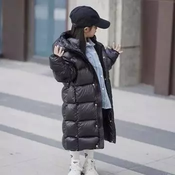 Детская зимняя куртка на утином пуху для девочек, толстая, длинная, теплая, пуховая куртка для мальчиков, водонепроницаемая, с капюшоном, парка для детей, верхняя одежда для снега 160cm чёрный