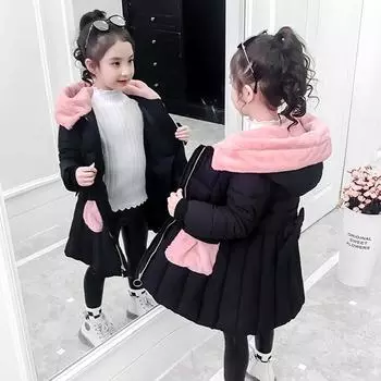 Детская зимняя куртка, пальто для девочек, пальто с капюшоном, детская одежда из хлопка, зимний комбинезон, верхняя одежда, парка для подростков, одежда 160 чёрный