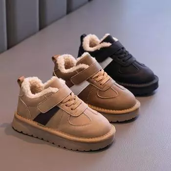 Детская зимняя обувь 2024 года, новые хлопковые туфли для девочек, теплые повседневные детские модные плюшевые туфли на плоской подошве для мальчиков, универсальные нескользящие 26 чёрный