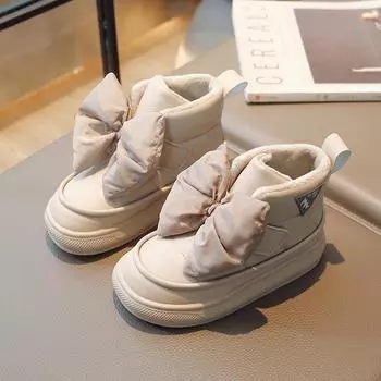 Детская зимняя обувь для девочек, симпатичные толстые зимние сапоги принцессы с большим бантом, детские утепленные хлопковые сапоги для улицы 26 (Inner 16.6cm) хаки