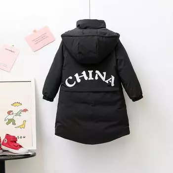 Детская зимняя одежда, новая детская одежда для мальчиков и девочек среднего и большого размера, иностранный стиль, средняя и длинная куртка из белого утиного пуха 90 110cm чёрный